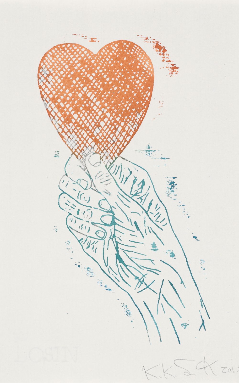 Kiki Smith, Heart in Hand, 2015, Monoprint; Aquarell und Bleistift auf Losin Prague-Papier, 296 x 205 mm, Staatliche Graphische Sammlung München, Schenkung der Künstlerin © Kiki Smith, courtesy Pace Gallery