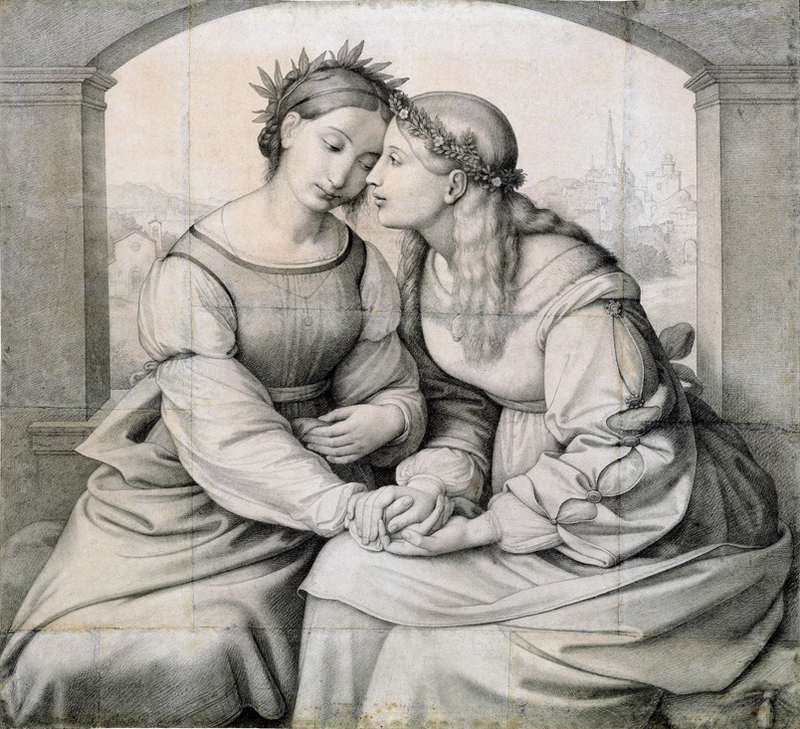 Johann Friedrich Overbeck, Italia und Germania, 1812/15 ff., Schwarze Kreide, 923 x 1012 mm /unten 1015 mm Blattmaß, 1250 x 1330 x 45 mm Rahmenmaß © Staatliche Graphische Sammlung München