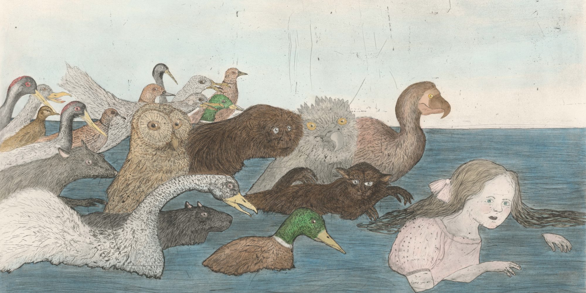 Kiki Smith, Pool of Tears II, 2000, Radierung, Aquatinta, Kaltnadel und Aquarell auf En Tout Cas-Papier, 1295 x 1899 mm Staatliche Graphische Sammlung München, Schenkung der Künstlerin © Kiki Smith, courtesy Pace Gallery
