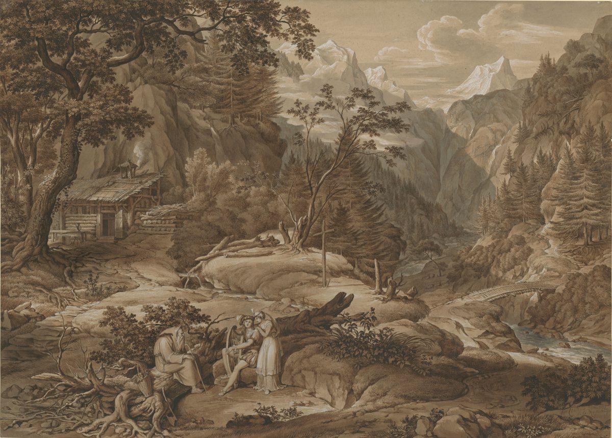 Joseph Anton Koch, Hüon und Amanda bei dem Einsiedler Alfonso, 1798/99 Szene aus Wielands Oberon, 8. Ges., Sepia laviert mit etwas Blau, Grün, Grau und Weiß, brauner und grauer Pinsel, Deckweiß, Feder in Schwarz, 535 x 751 mm Blattmaß © Staatliche Graphische Sammlung München