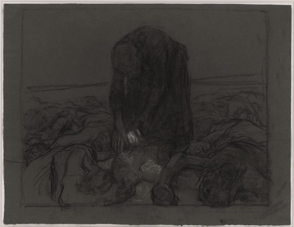 Käthe Kollwitz, 1867 – 1945, Schlachtfeld, 1907, Kohle und weiße Kreide auf grauem Papier, 456 x 595 mm © Staatliche Graphische Sammlung München