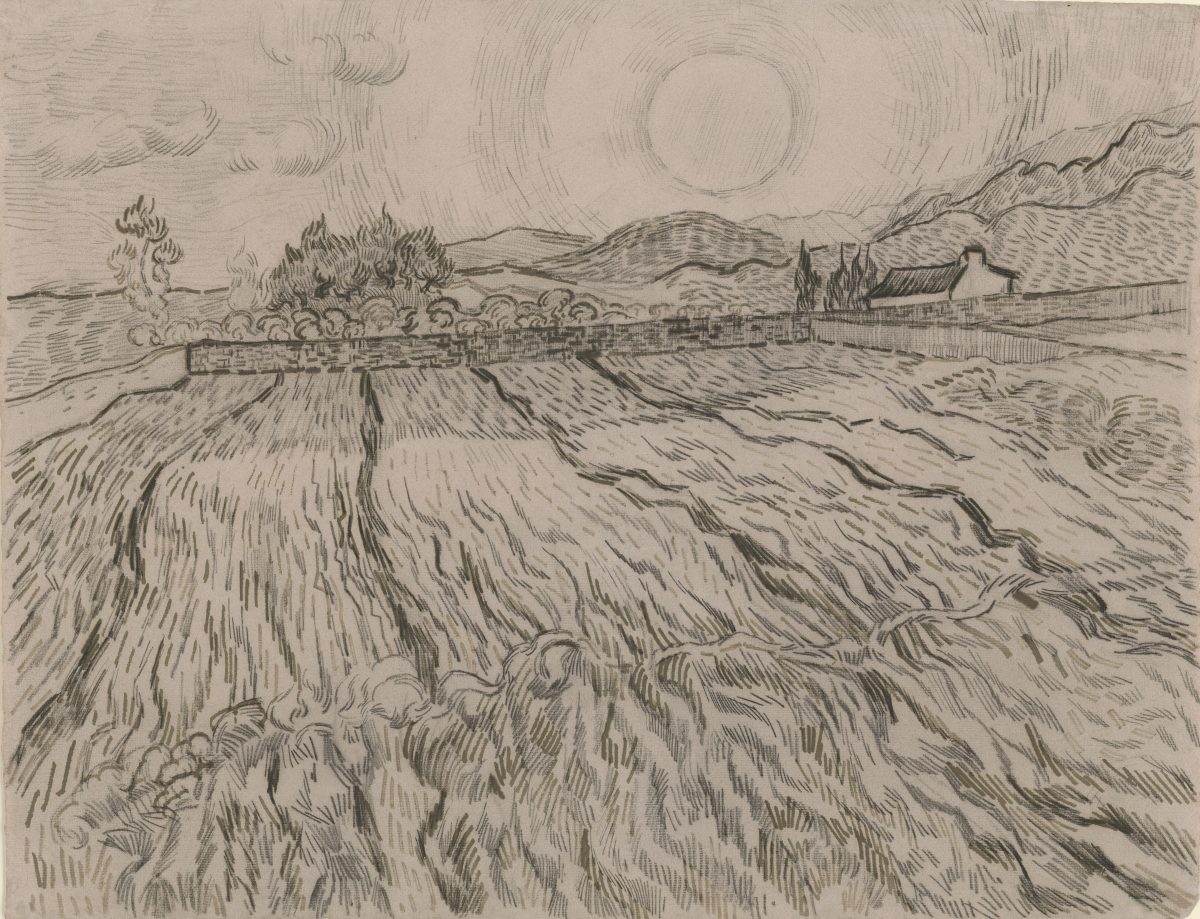 Vincent van Gogh, Weizenfeld mit aufgehender Sonne, 1889, Schwarze Kreide und Rohrfeder in Braun, 474 x 620 mm Blattmaß © Staatliche Graphische Sammlung München