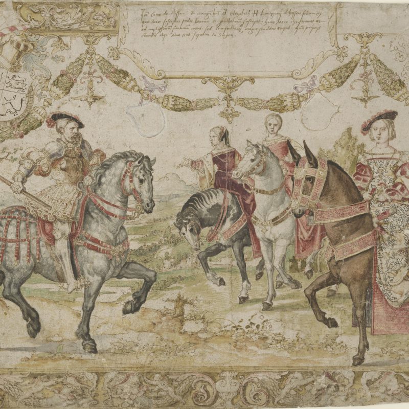 Bernard van Orley (1491 – 1542) Die Genealogie des Hauses Nassau: Graf Johann V. oder Heinrich III. von Nassau mit Gemahlin, um 1528/30 Feder in Braun, farbig aquarelliert, Spuren von Deckweiß, 398 x 526 mm © Staatliche Graphische Sammlung München