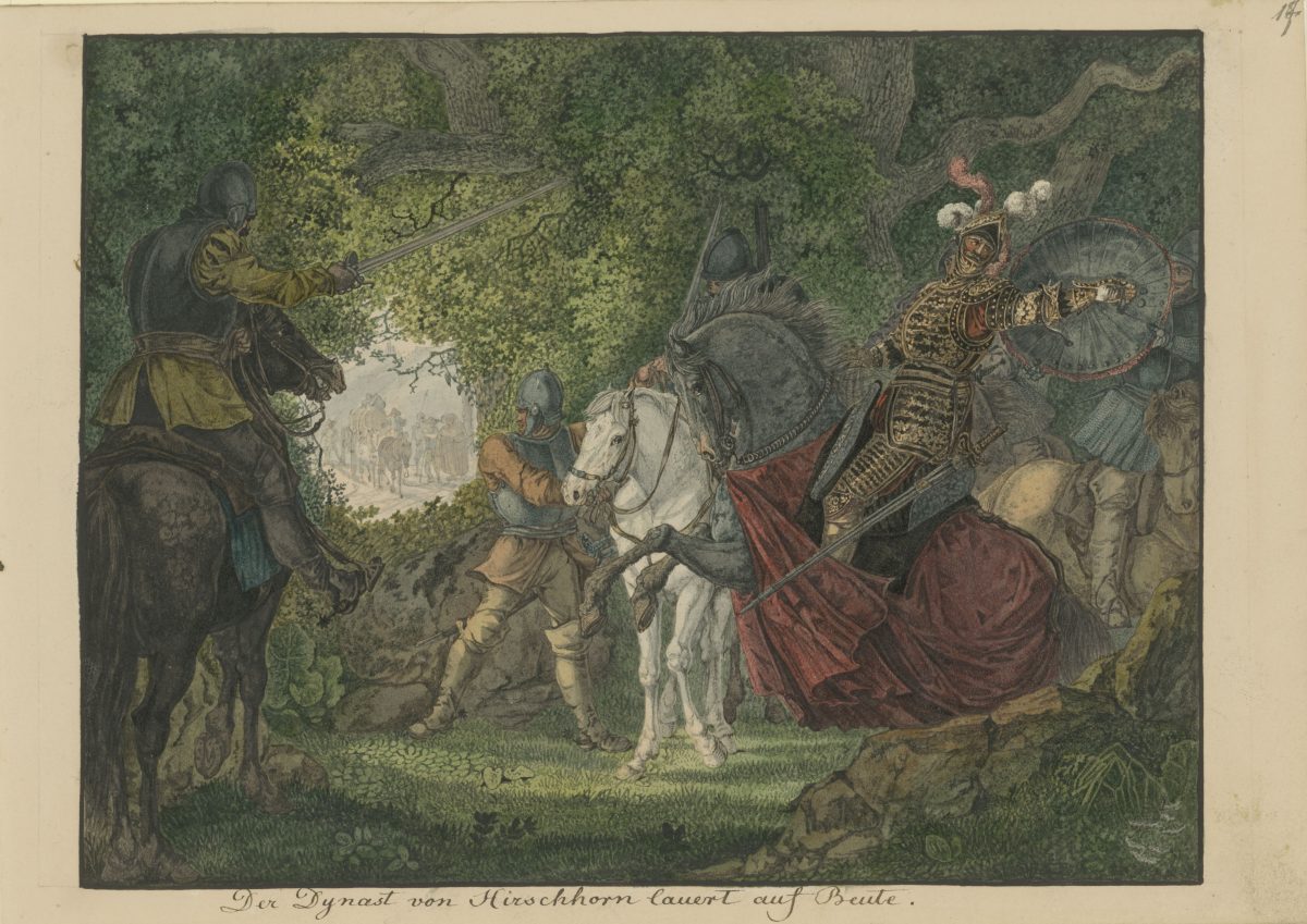 Carl Philipp Fohr, Der Dynast von Hirschorn lauert auf Beute, 1813 - 1814, Bleistift, Aquarell, 181 x 239 mm Blattmaß © Staatliche Graphische Sammlung München