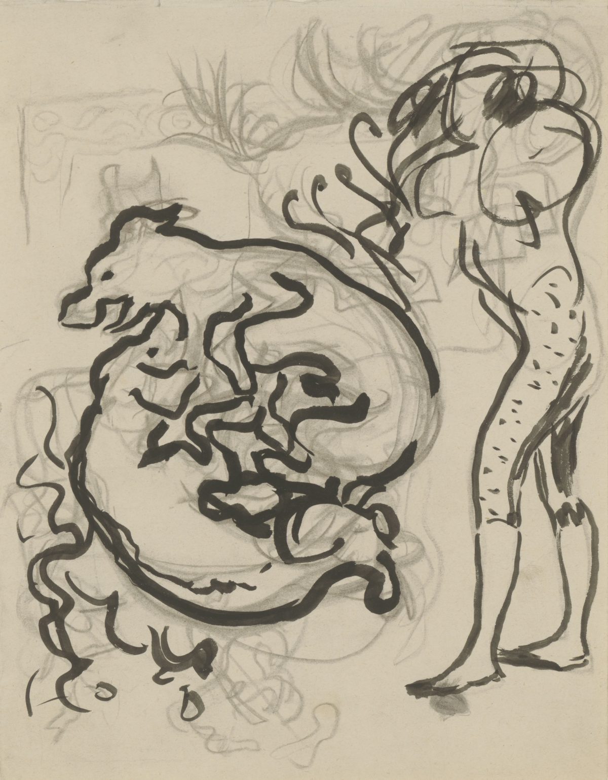 Pierre Bonnard, recto: Spielende Hunde und Figur; verso: Fragment einer Skizze, um 1891, Bleistift, Pinsel in Schwarz, 234 x 190 mm (unregelmäßig) Blattmaß © Staatliche Graphische Sammlung München