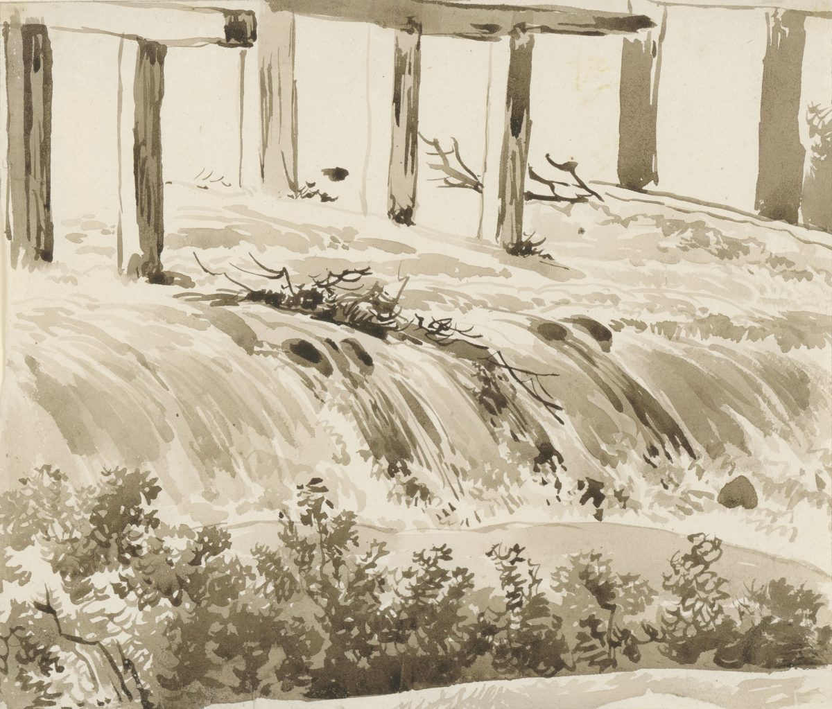 Franz Kobell, Kleiner Wasserfall mit Buschwerk im Vordergrund, zwischen 1800–1817, Pinsel in Braun, 181 x 211 mm Blattmaß © Staatliche Graphische Sammlung München