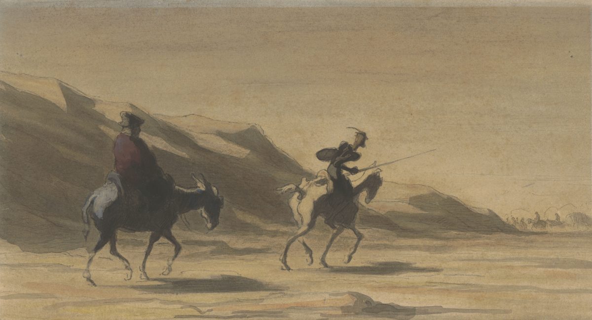 Honoré Daumier, Don Quijote und Sancho Panza, um 1878, Aquarell, Bleistift, Conté-Kreide (am Rand Pinsel-, Kreide- und Federproben), 202 x 281 mm Blattmaß © Staatliche Graphische Sammlung München