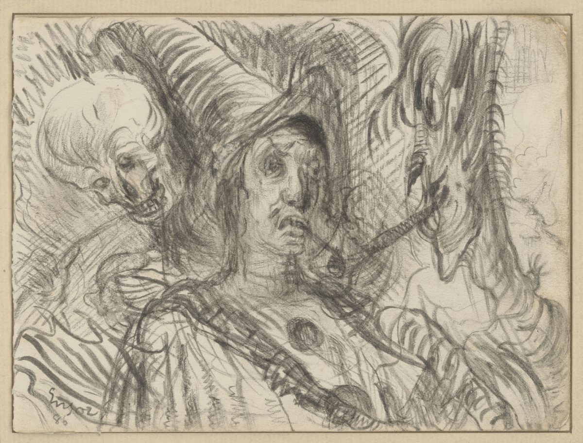 James Ensor, recto: Maskenball (Le sablier); verso: verworfene Studie mit Köpfen, 1886, Schwarzer Stift und schwarze Fettkreide, 128 x 173 mm Blattmaß © Staatliche Graphische Sammlung München