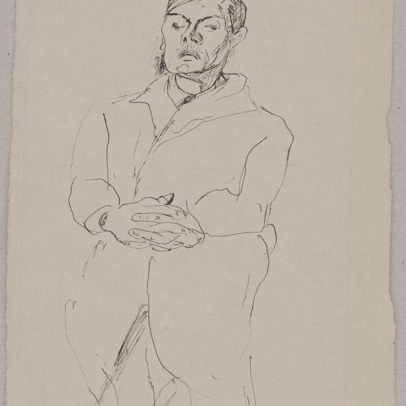 Max Beckmann, 1884 – 1950, Selbstporträt, Sitzfigur mit gefalteten Händen, 1917, Feder in Schwarz, 322 x 250 mm, Inv.-Nr. L 2414, Dauerleihgabe der Ernst von Siemens-Kunststiftung, München