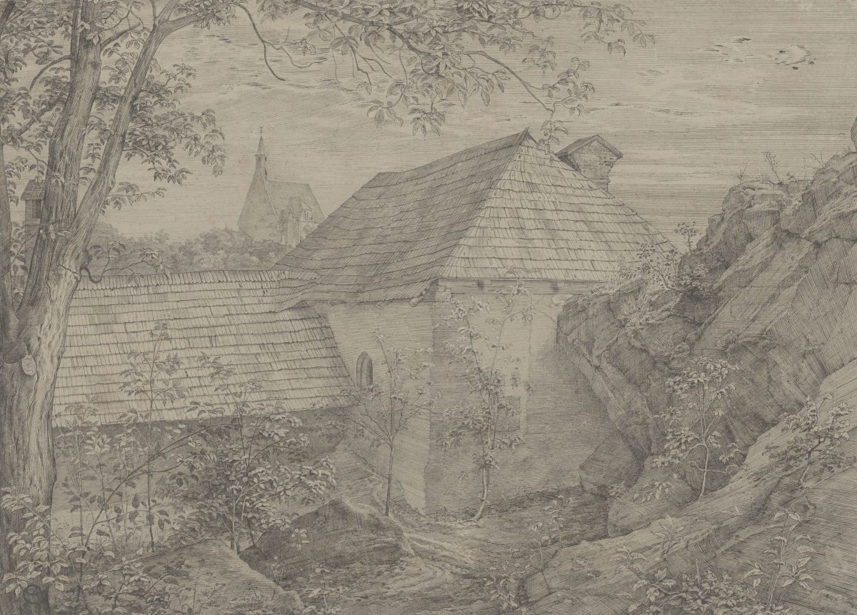 Ferdinand Olivier, Gehöftwinkel in Mödling, im Hintergrund die Spitalkirche, 1823, Feder in Schwarz, 327 x 453 mm Blattmaß © Staatliche Graphische Sammlung München