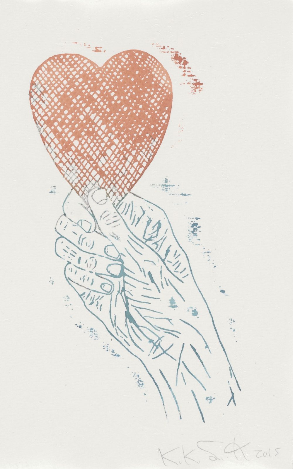 Kiki Smith, "Heart in Hand", 2015, Monoprint; Aquarell und Bleistift auf Losin Prague Papier, 296 x 205 mm, Drucker und Verleger: Thirteen Moons, New York; Staatliche Graphische Sammlung München, Schenkung der Künstlerin, © Kiki Smith