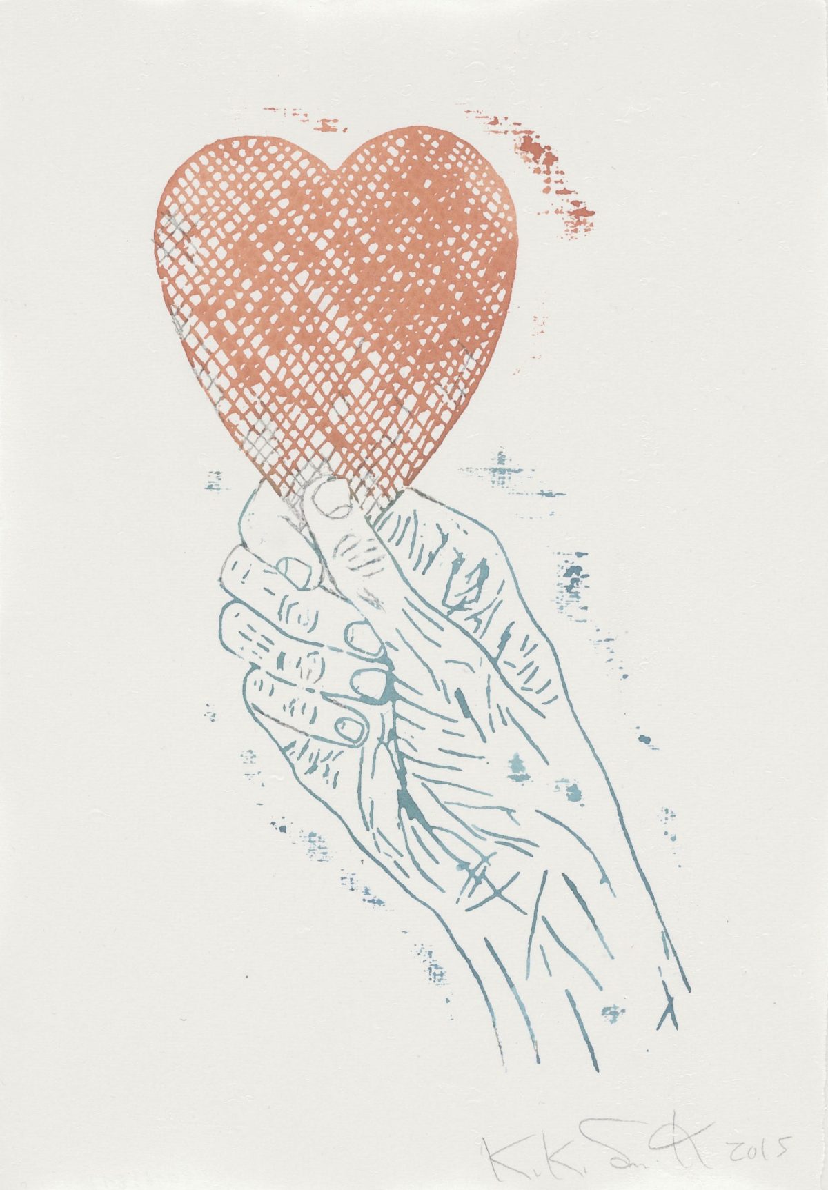 Kiki Smith, "Heart in Hand", 2015, Monoprint; Aquarell und Bleistift auf Losin Prague Papier, 296 x 205 mm, Drucker und Verleger: Thirteen Moons, New York; Staatliche Graphische Sammlung München, Schenkung der Künstlerin, © Kiki Smith