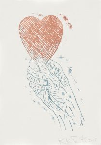 Kiki Smith, “Heart in Hand”, 2015, Monoprint; Aquarell und Bleistift auf Losin Prague Papier, 296 x 205 mm, Drucker und Verleger: Thirteen Moons, New York; Staatliche Graphische Sammlung München, Schenkung der Künstlerin, © Kiki Smith