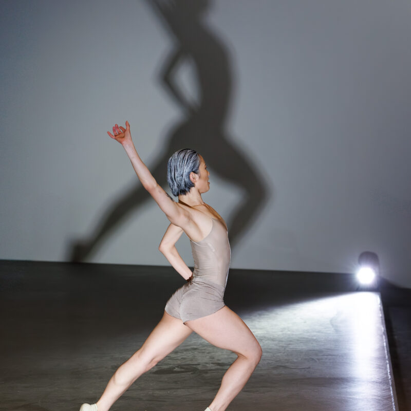 Tänzerin in seitlicher Pose mit ausgestrecktem Arm und markantem Schatten an der Wand.
