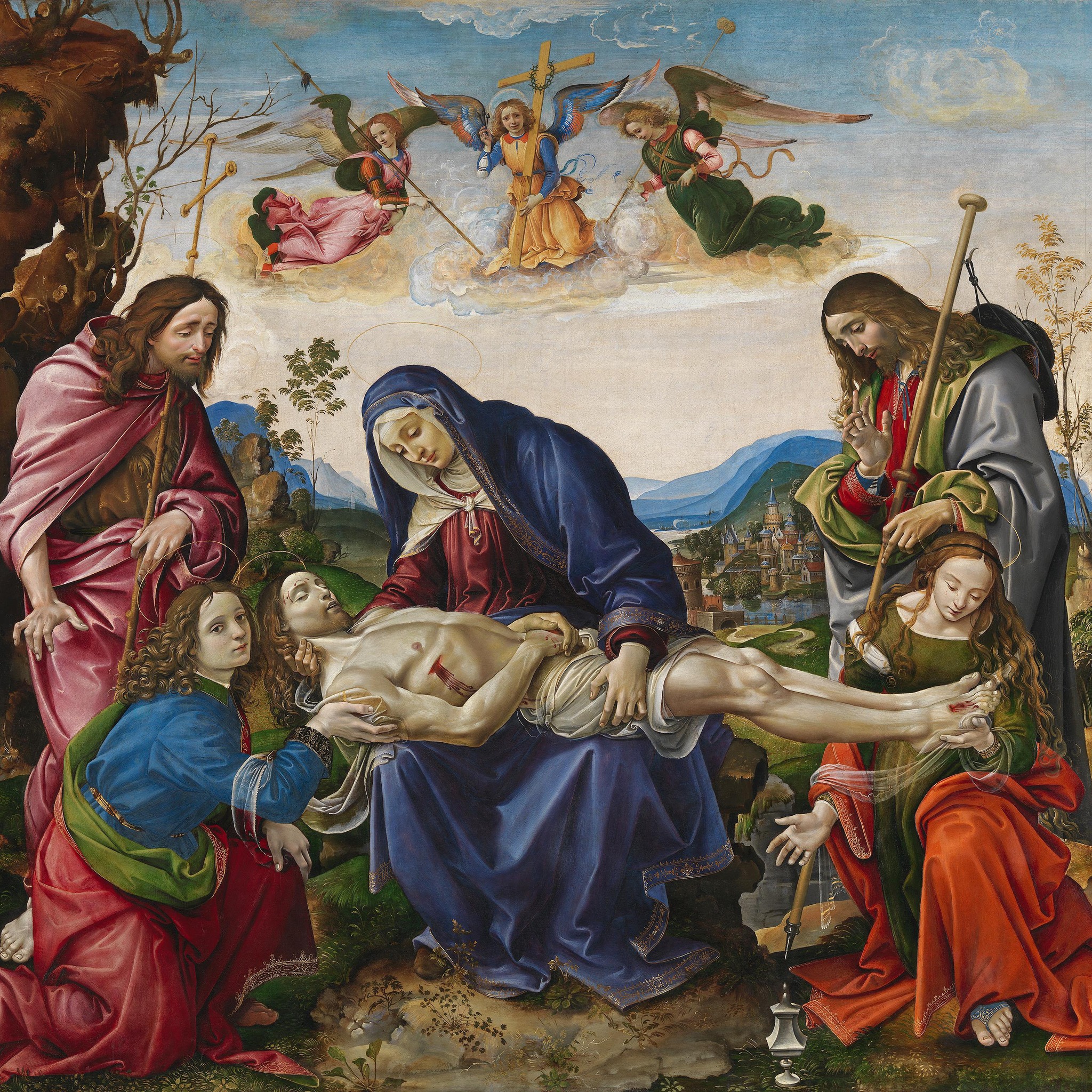 🎨 Die Kraft der Farben Vor Trauer überwältigt hält Maria den Leichnam ihres Sohnes in…